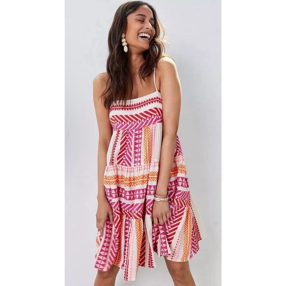 Anthropologie Devotion Twins Embroidered Square-Neck Mini Dress Cotton Small - Picture 1 of 12